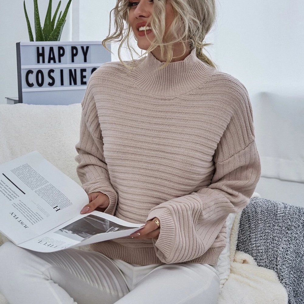High Neck Drop Shoulder Rib-knit Sweater - Picture 4 of 6